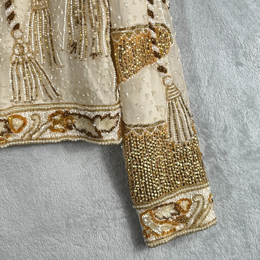 Vintage Niteline Della Roufogali Womens M Silk Beaded Tassel Evening Jacket Gold - Picture 6 of 16